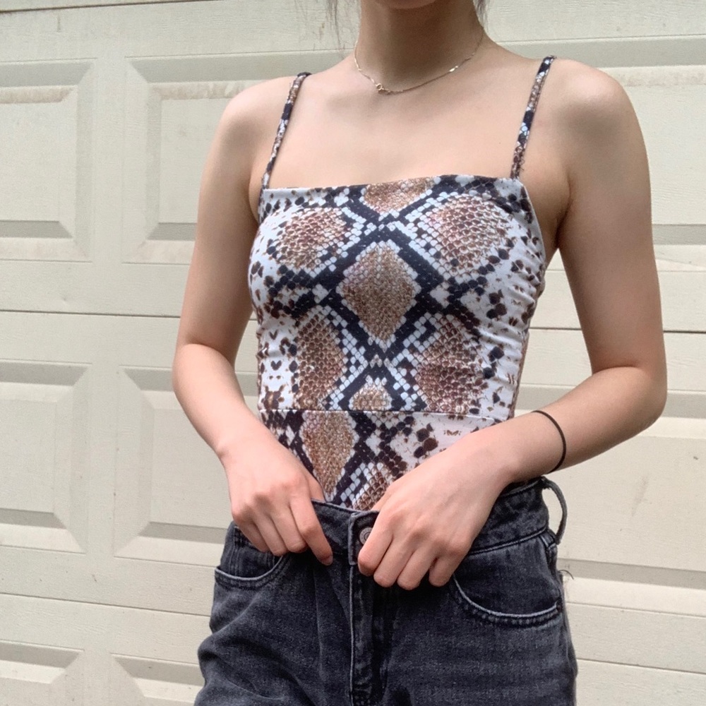 CreamSnake Print Square Neck Bodysuit